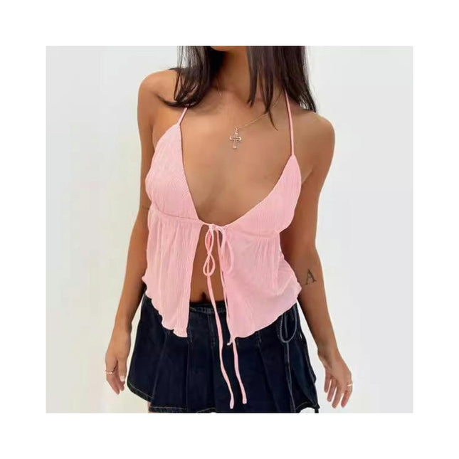 Women's Sexy Spaghetti Strap Tank Top Tie Split Front Tank Backless Crop Tops