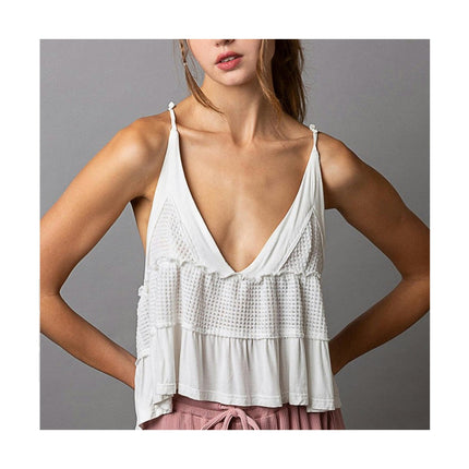 Women Sexy Deep V Neck Spaghetti Strap Sleeveless Ruffle Hem Crop Top