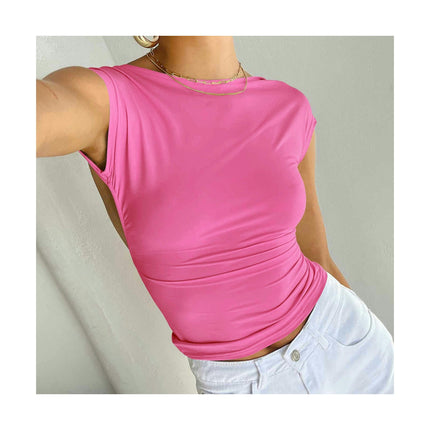 Women's Scoop Neck Backless Crop Top Short Sleeve Slim Fit T Shirt