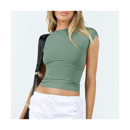 Women's Scoop Neck Backless Crop Top Short Sleeve Slim Fit T Shirt