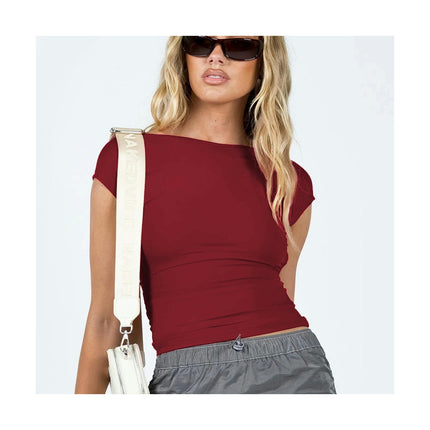 Women's Scoop Neck Backless Crop Top Short Sleeve Slim Fit T Shirt