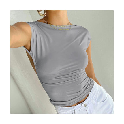 Women's Scoop Neck Backless Crop Top Short Sleeve Slim Fit T Shirt