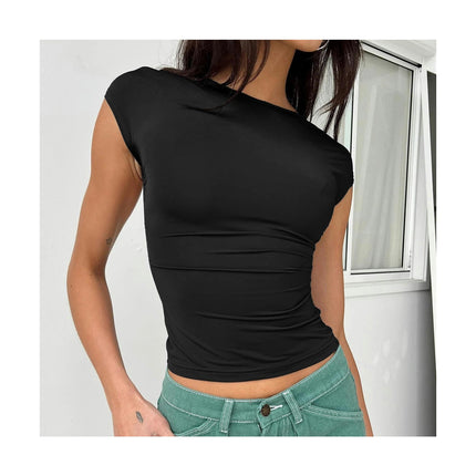 Women's Scoop Neck Backless Crop Top Short Sleeve Slim Fit T Shirt