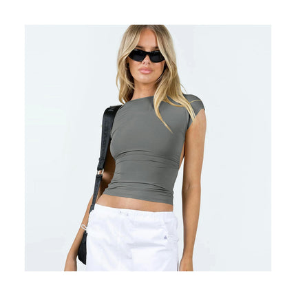 Women's Scoop Neck Backless Crop Top Short Sleeve Slim Fit T Shirt