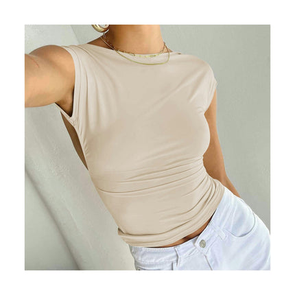 Women's Scoop Neck Backless Crop Top Short Sleeve Slim Fit T Shirt