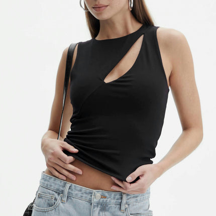 Womens Summer Tank Tops Sleeveless Crewneck Slim Fit Ruched Cut Out Shirt