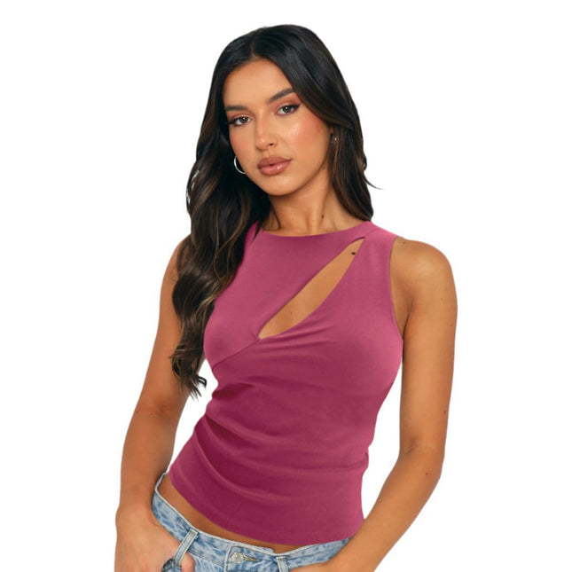 Womens Summer Tank Tops Sleeveless Crewneck Slim Fit Ruched Cut Out Shirt