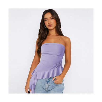 Women's Ruffle Asymmetrical Hem Crop Tops Sexy Strapless Tube Top