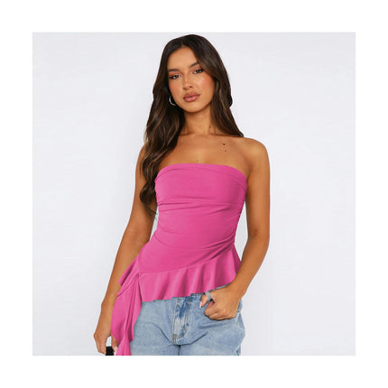 Women's Ruffle Asymmetrical Hem Crop Tops Sexy Strapless Tube Top