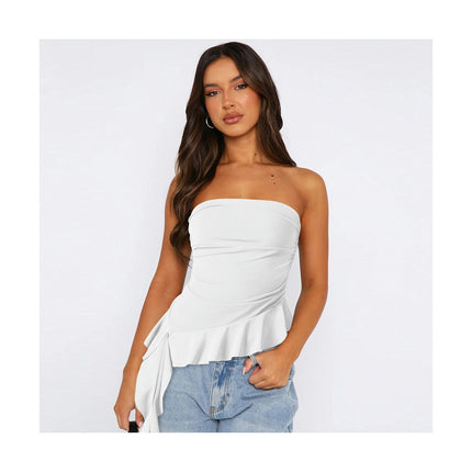 Women's Ruffle Asymmetrical Hem Crop Tops Sexy Strapless Tube Top