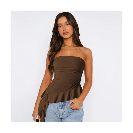 Women's Ruffle Asymmetrical Hem Crop Tops Sexy Strapless Tube Top