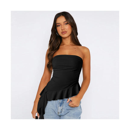 Women's Ruffle Asymmetrical Hem Crop Tops Sexy Strapless Tube Top