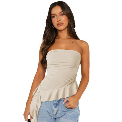 Women's Ruffle Asymmetrical Hem Crop Tops Sexy Strapless Tube Top