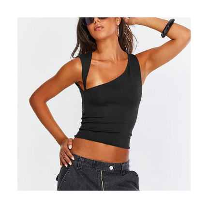 Women's Sexy Sleeveless Cut Out Crop Top Asymmetrical Neck Slim Fit Tank Top