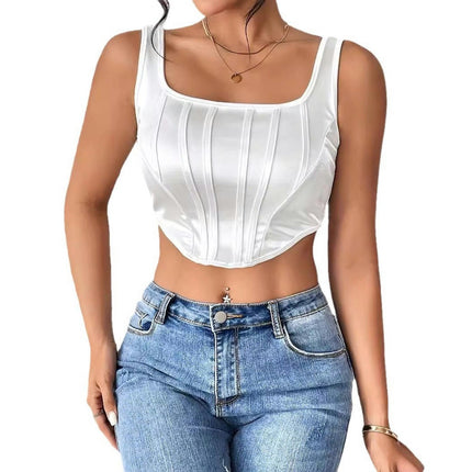 Women Sexy Satin Crop Corset Square Neck Sleeveless Bustier Slim Fit Crop Tank Top