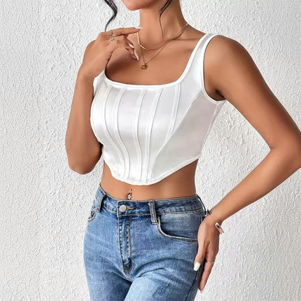 Women Sexy Satin Crop Corset Square Neck Sleeveless Bustier Slim Fit Crop Tank Top