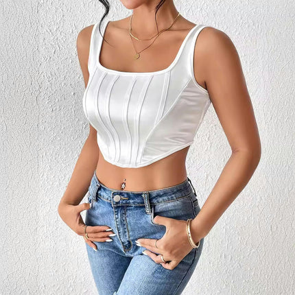 Women Sexy Satin Crop Corset Square Neck Sleeveless Bustier Slim Fit Crop Tank Top