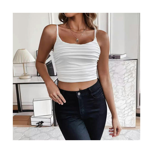 Women Ruched Square Neck Tank Tops Sleeveless Spaghetti Strap Slim Fit Crop Top