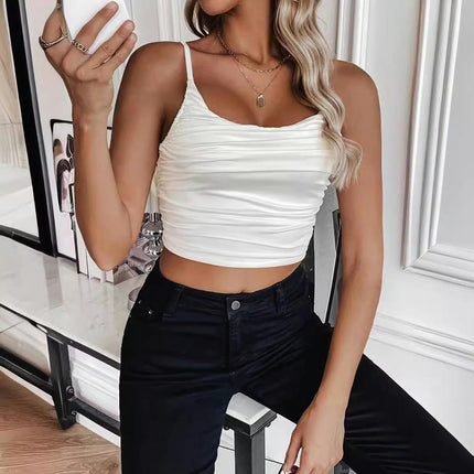 Women Ruched Square Neck Tank Tops Sleeveless Spaghetti Strap Slim Fit Crop Top