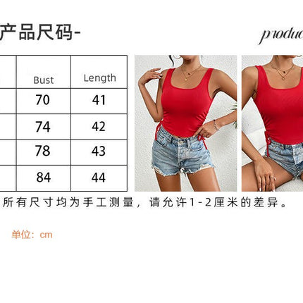 Women Square Neck Sexy Tank Tops Drawstring Ribbed Sleeveless Crop Top