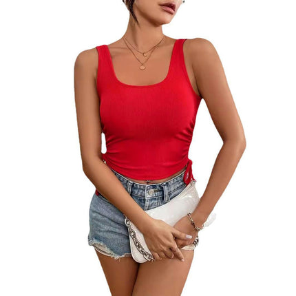 Women Square Neck Sexy Tank Tops Drawstring Ribbed Sleeveless Crop Top