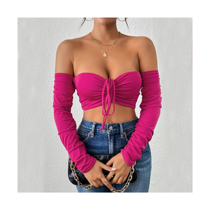 Women's Elegant Off Shoulder Long Sleeve Drawstring Crop Tube Tops Shirt