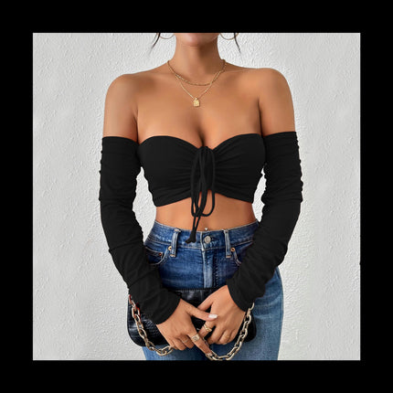 Women's Elegant Off Shoulder Long Sleeve Drawstring Crop Tube Tops Shirt