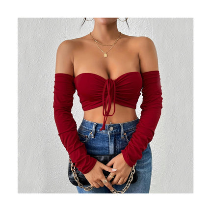 Women's Elegant Off Shoulder Long Sleeve Drawstring Crop Tube Tops Shirt