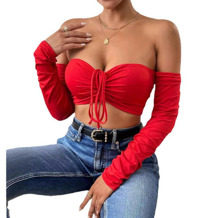 Women's Elegant Off Shoulder Long Sleeve Drawstring Crop Tube Tops Shirt