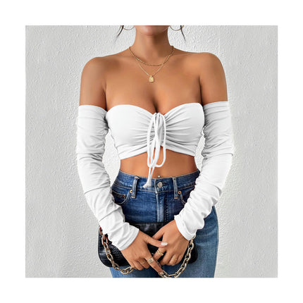 Women's Elegant Off Shoulder Long Sleeve Drawstring Crop Tube Tops Shirt