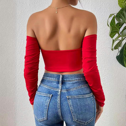 Women's Elegant Off Shoulder Long Sleeve Drawstring Crop Tube Tops Shirt