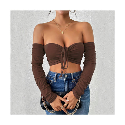 Women's Elegant Off Shoulder Long Sleeve Drawstring Crop Tube Tops Shirt