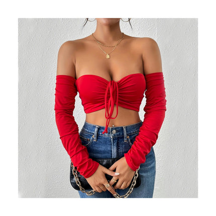 Women's Elegant Off Shoulder Long Sleeve Drawstring Crop Tube Tops Shirt