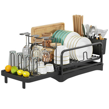 Large Dish Drying Rack with Drainboard Set - Extendable Rack Utensil Cups Holder