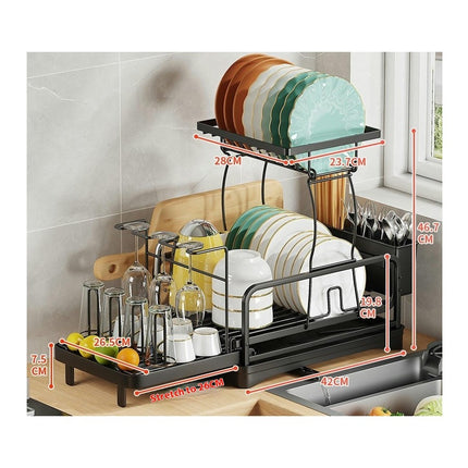 Large Dish Drying Rack with Drainboard Set - Extendable Rack Utensil Cups Holder