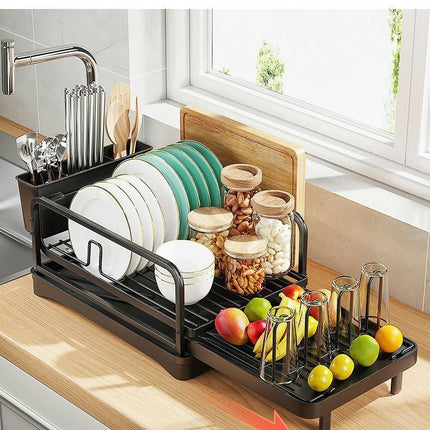 Large Dish Drying Rack with Drainboard Set - Extendable Rack Utensil Cups Holder