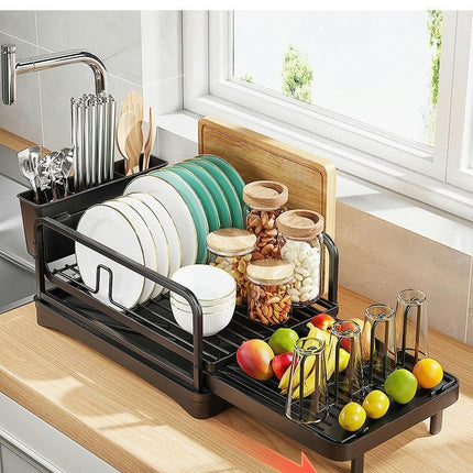 Large Dish Drying Rack with Drainboard Set Extendable Rack Utensil Cup Holder