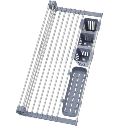 Multipurpose Expandable Roll Up Dish Drying Rack - with Utensil Holder Over The Sink Dish Drainer