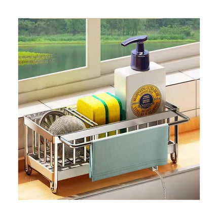 Sponge Holder for Kitchen Sink Caddy Stainless Steel Dish Organizer with Divider Holder Storage