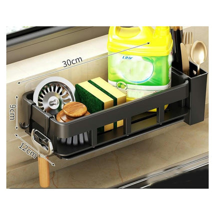 Sponge Holder for Kitchen Sink Caddy - with Long Brush Holder and Divider Auto Drainage