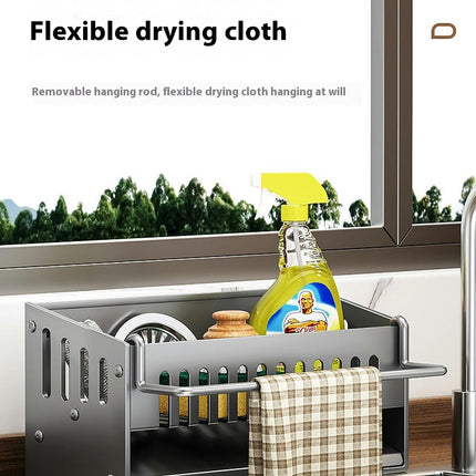 Kitchen Sink Caddy Organizer Sponge Holder - for with Auto Drain Tray & Removable Towel Rail