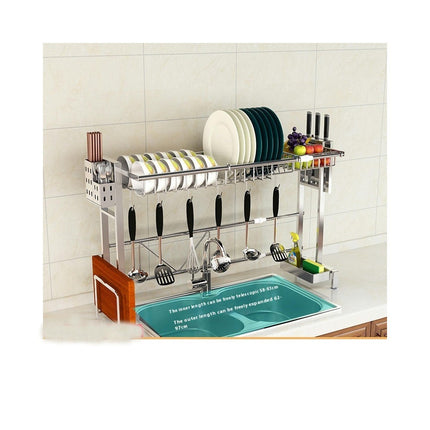 Over Sink Dish Drainer Drying Rack - Adjustable Length with Fruit Basket Utensil Cutting Board Holder