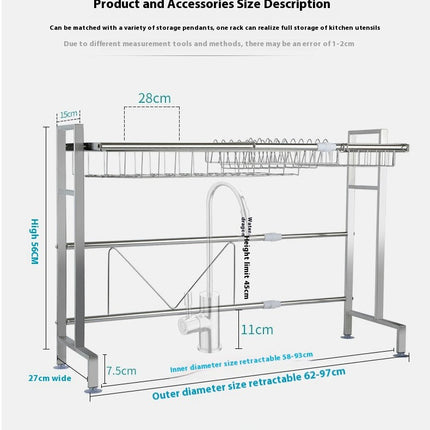 Over Sink Dish Drainer Drying Rack - Adjustable Length with Fruit Basket Utensil Cutting Board Holder