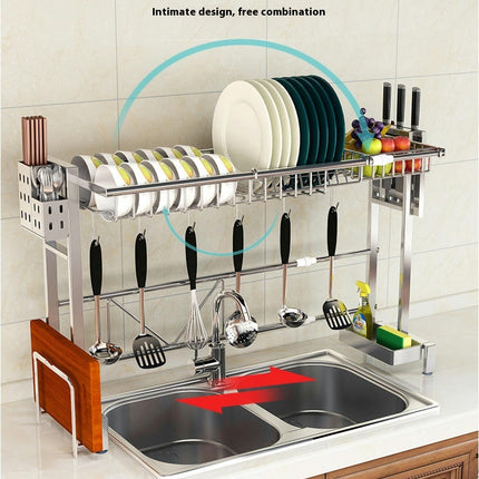 Over Sink Dish Drainer Drying Rack - Adjustable Length with Fruit Basket Utensil Cutting Board Holder