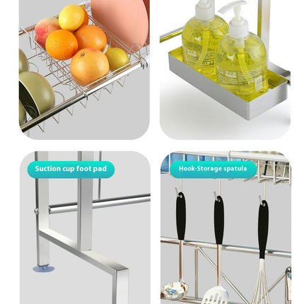 Over Sink Dish Drainer Drying Rack - Adjustable Length with Fruit Basket Utensil Cutting Board Holder