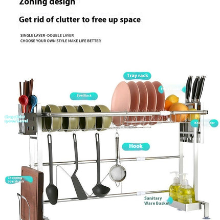 Over Sink Dish Drainer Drying Rack - Adjustable Length with Fruit Basket Utensil Cutting Board Holder