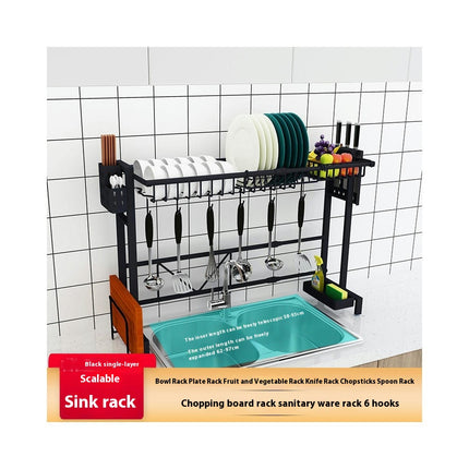 Over Sink Dish Drainer Drying Rack Adjustable Length - with Fruit Basket Utensil Holder Cutting Board