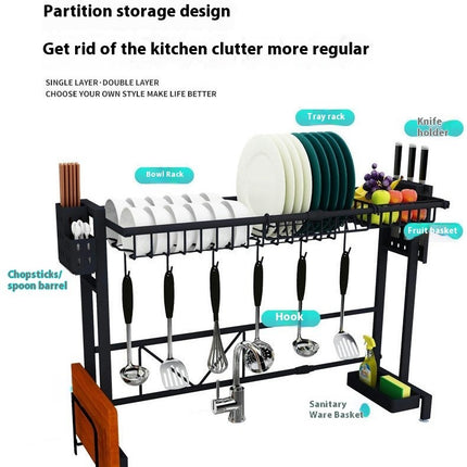 Over Sink Dish Drainer Drying Rack Adjustable Length - with Fruit Basket Utensil Holder Cutting Board