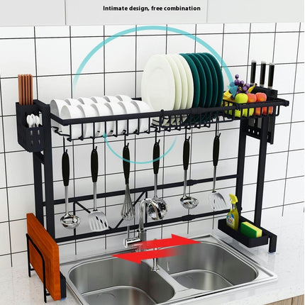 Over Sink Dish Drainer Drying Rack Adjustable Length - with Fruit Basket Utensil Holder Cutting Board