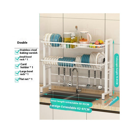 Adjustable Width Over The Sink Dish Drainer Drying Rack Over Sink with Utensil Holder and Hooks Space